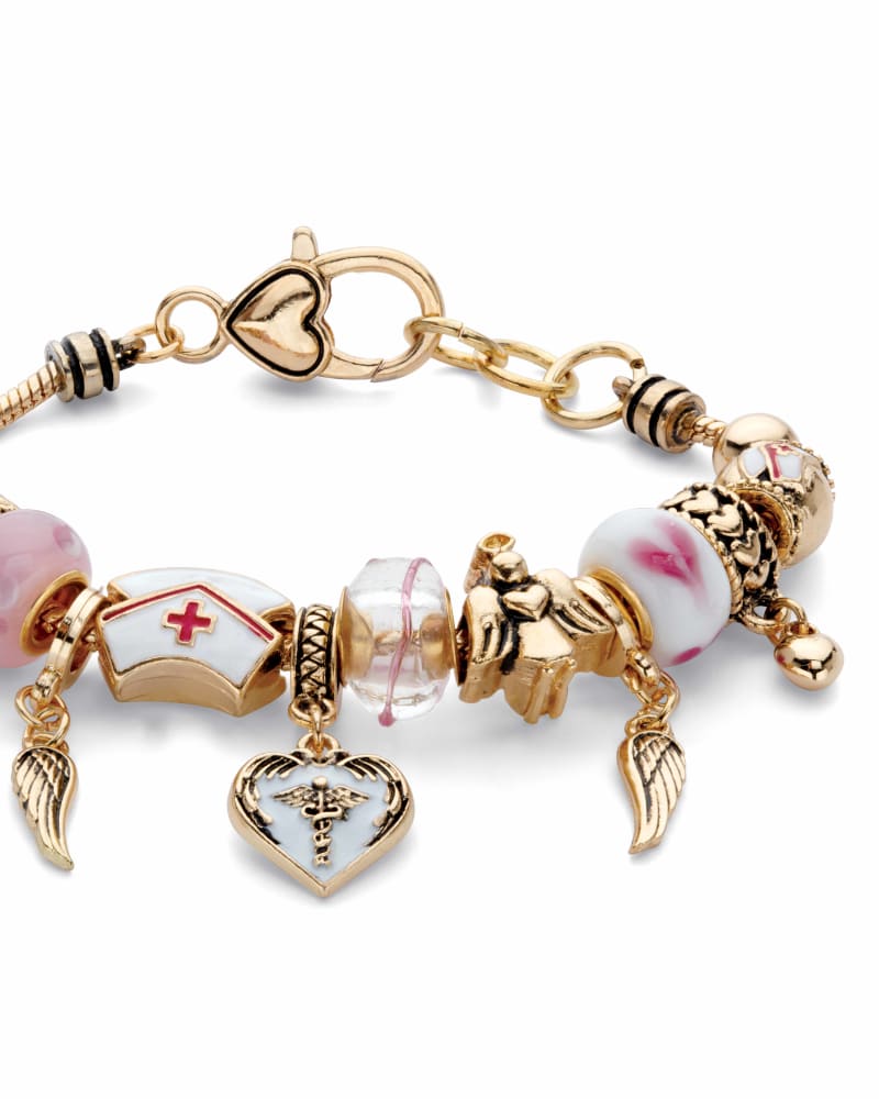 Front of a size 8 in Pink and White Medical Nurses Goldtone Bali-Style Beaded Charm Bracelet 8" in Yellow by PalmBeach Jewelry. | dia_product_style_image_id:333106